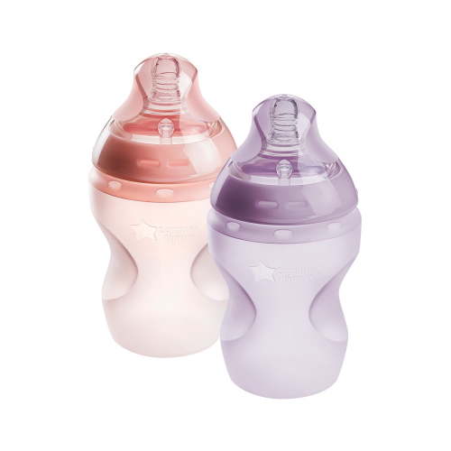 Tommee Tippee Silicone Anti-Colic Self-Sterilizing Baby Bottle 9oz with Slow Flow Nipple Pink Purple