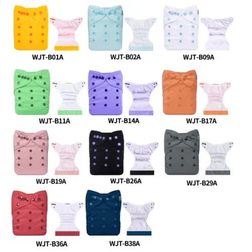 (Multi-packs) 50PCS Solid AWJ Cloth Diapers with Tummy Panels One Size Reusable Adjustatble Cloth Baby Diapers(With 50 Inserts)