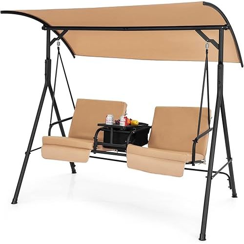 Tangkula 2 Person Porch Swing, Outdoor Swing with Pivot Storage Table, Cooler Bag, 2 Cup Holders, Removable Cushions, Patio Swing with Canopy for Backyard Balcony Poolside (Brown)