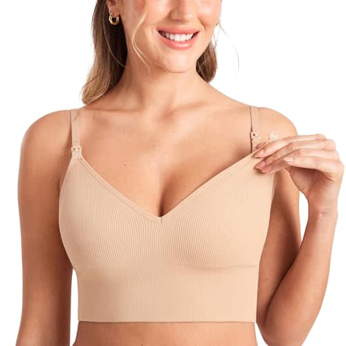 MOMANDA Ribbed Wireless Nursing Bras for Breastfeeding Longline Maternity Sleep Bra V Neck Comfort
