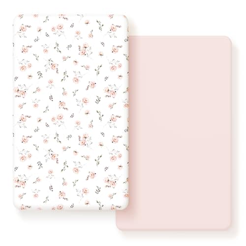 GRSSDER Stretch Ultra Soft Jersey Knit Fitted Crib Sheets Set 2 Pack, Universal Fitted Most Crib Mattress Pads Safe and Snug, Breathable Crib Fitted Sheet for Baby, Pink Rose Print