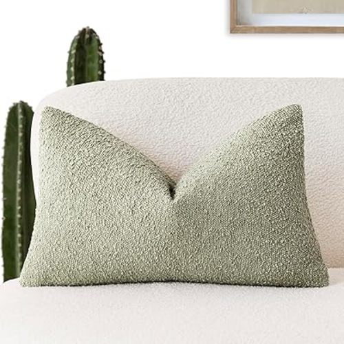 Foindtower Decorative Textured Boucle Throw Pillow Covers Accent Solid Lumbar Pillow Cases Neutral Soft Couch Cushion Case for Chair Sofa Bedroom Living Room Home Decor 12x20 Inch,1PC,Dirty Sage Green