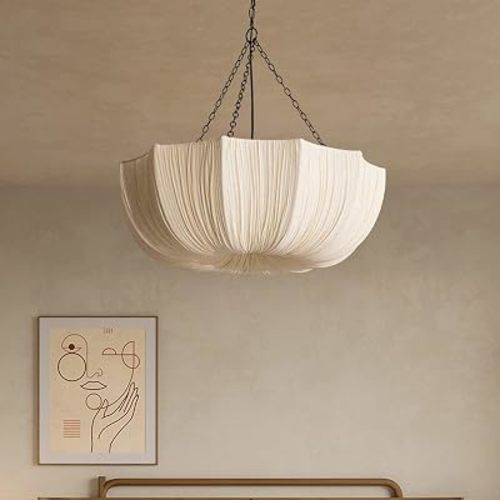 MIXL-Japanese Style Scalloped Pendant Light,Beige White Wabi Sabi Light Fixture,20 Inches Kitchen Island Lighting Fixture,Farmhouse Style Pendant Lamp for Study Room Office