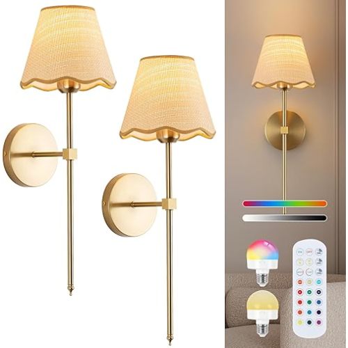 ADISUN Battery Operated Wall Sconce Set of 2, Gold Wall Lamps Rechargeable Bulbs for Living Room, Rattan Shade Wireless Wall Lights for Bedroom Living Room Hallway Kitchen(2 Bulbs Included)