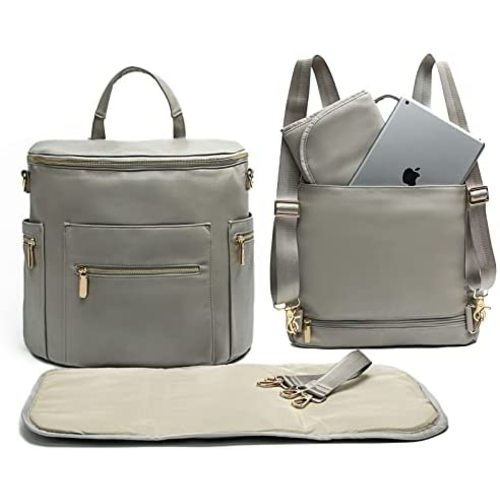 Diaper Bag Backpack Baby Diaper Bag by Miss Fong, Large Leather Diaper Bag Backpack with 16 Pockets Diaper Bag Organizer,Changing Pad,Stroller Straps and 2 Insulated Pockets (Convertible,Grey)