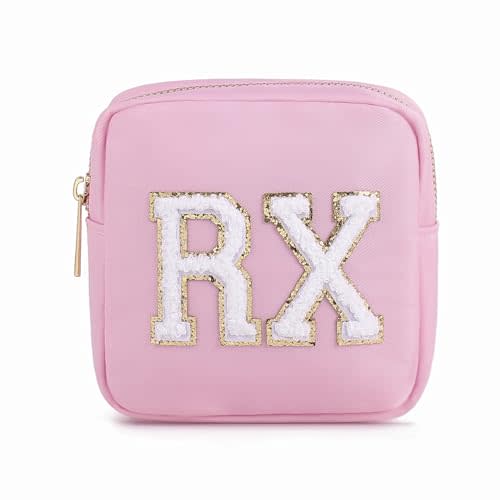 uekeboag Personalized Small Nylon Rx Cosmetic Bag, Cute Chenille Letter Patch Medicine Drug Pouch with Zipper,Preppy Makeup Travel Vitamin Bag for Women and Girls (Light Pink)