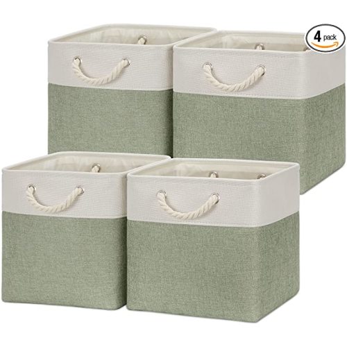 Cube Storage Baskets for Shelves 12 Inch Storage Cubes 4pack Fabric Storage Baskets for Organizing Clothes, Closet Basket with Rope Handles for Home (White&Green)