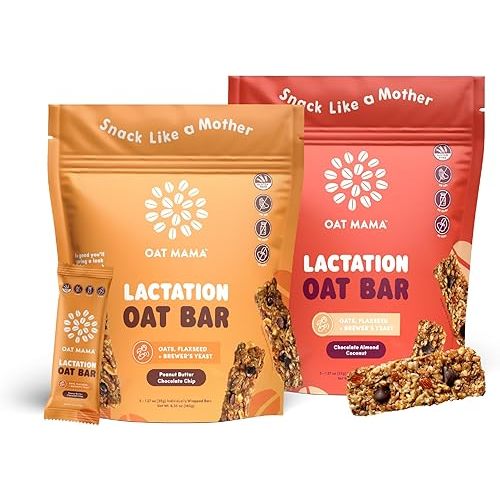 Oat Mama Lactation Bars Variety Pack | Peanut Butter Chocolate Chip & Chocolate Almond Coconut | Essential Breastfeeding Snacks with Oats, Flaxseed & Brewer’s Yeast | Milkflow Lactation Support