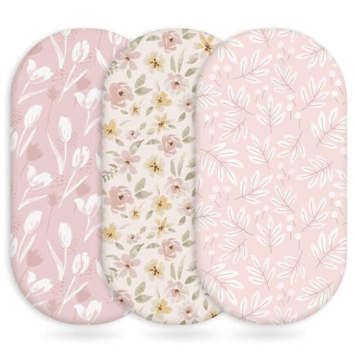Unnivoll Baby Bassinet Sheets Girl Boy, Fitted Bassinet Sheet Set 3 Pack Bassinet Mattress Sheets Universal Fit for Rectangle, Round, Oval, Hourglass Mattress, Soft Breathable Pink Flowers & Leaf