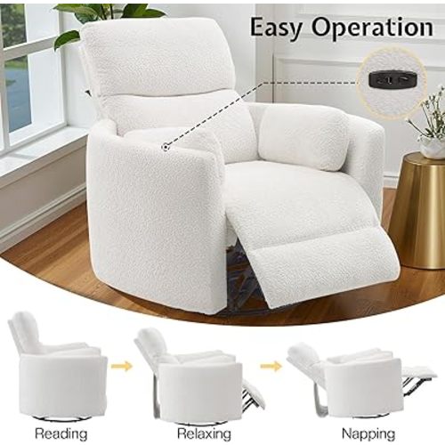 Jocisland Power Rocking Nursery Chair, Oversized Recliner Swivel Glider Chairs for Adults with 2 Pillows, USB & Type-C, Cozy Reclining Armchair Sofa for Living Room, Bedroom, Nursing, White Teddy