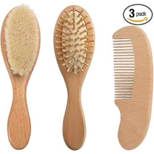 PandaEar Baby Hair Brush and Comb Set for Newborn| Natural Wooden Hairbrush with Soft Goat Bristles, Pear Wood Comb and Wooden Massage Brush for Infant, Toddler, Kids