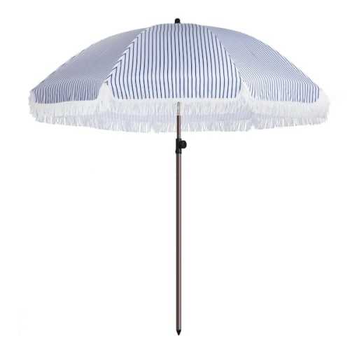 7.5ft Metal Striped Outdoor Beach Umbrella with Tassel in Blue