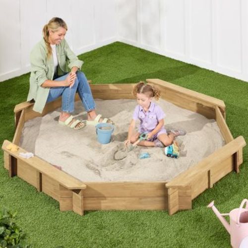 Best Choice Products Kid's Octagonal Wooden Outdoor Sandbox w/ Benches, 8 Seats, Cover, XL Sandpit, Liner - Natural