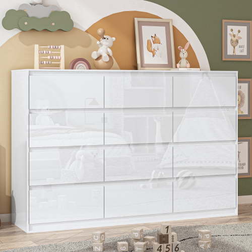 ChVans 12 Drawer Dresser for Bedroom, 63" Wide 41.3" Tall Modern High Gloss Dresser with Wood Chest of 12 Drawer Handle Free, Large White Malm Dresser for Bedroom, Living Room, Entryway, Hallway