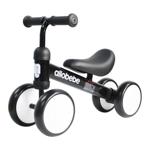 Allobebe Baby Balance Bike for 12-30 Months, 4-Wheel Toddler Walker Ride-On Toy with Adjustable Seat, Silent Wheels & Safe No-Pedal Design, Black