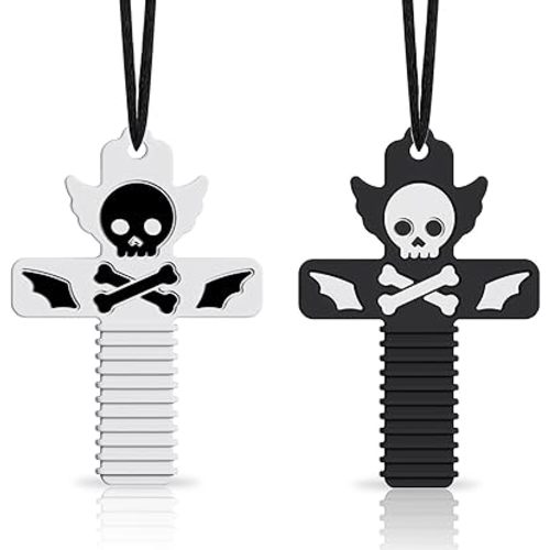 Halloween Chew Necklaces for Sensory Kids, Silicone Cross with Skull Teething Necklace for Babies Toddlers Adults & Moms, Ideal Chewelry Toy for Autism ADHD Anxiety Fidget Relief (2Pack)