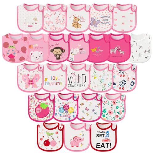 2ooya Cotton Waterproof Baby Bibs - 24Pcs Adjustable Hook Loop Closure Bib for Feeding Teething Drooling Eating, 6-12 Months