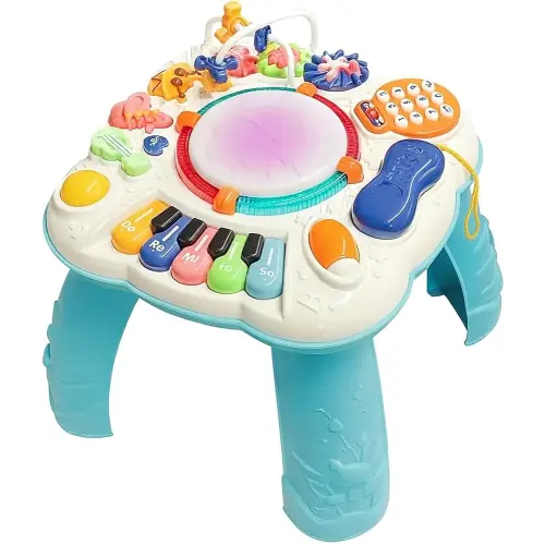 Musical Learning Activity Table for Toddlers, Interactive Educational Toy with Piano Keys, Phone, Games, LED Lights, Sound Effects, Turquoise Standing Play Center