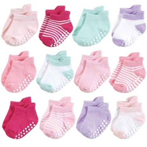 Hudson Baby Infant Girl Non-Skid No-Show Socks, Pink Lilac, 6-12 Months