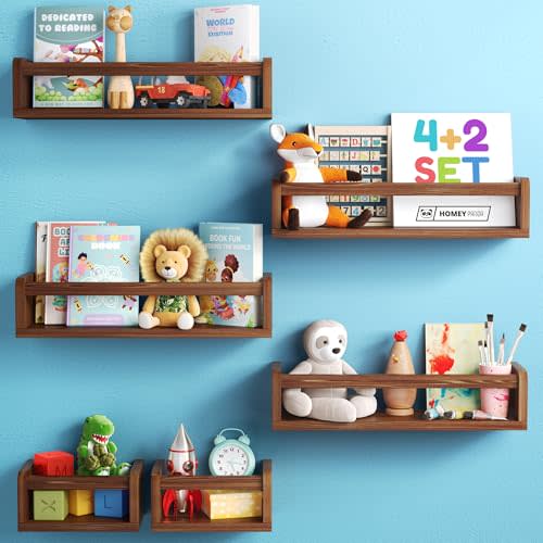 HOMEY PANDA Wall-Mounted Nursery Bookshelves - 4 Long + 2 Mini Shelves, Kids Room Storage (Walnut Pine Wood)
