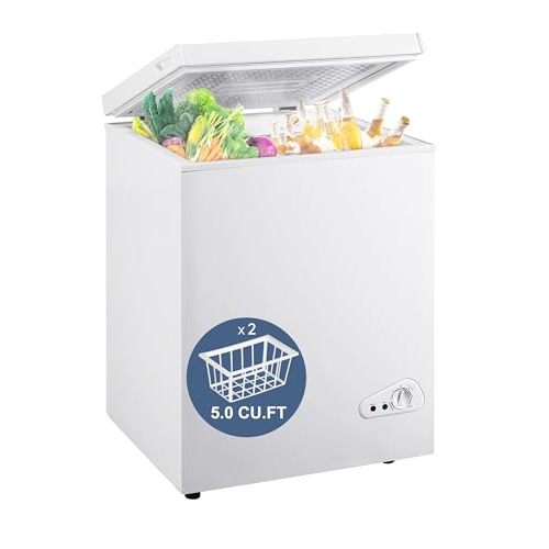 5.0 Cu Ft Chest Freezer - Energy Efficient & Quiet Mini Freezer with Adjustable Thermostat - Compact Deep Freezer for Home, Apartment, and Garage - Removable Basket & Defrost Drain