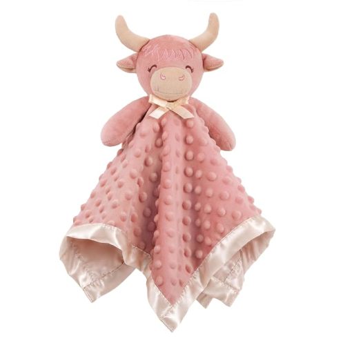 Pro Goleem Highland Cow Security Blanket Soft Loveys for Babies for Boys and Girls Newborn Lovie Infant Blankie Cow Baby Stuff Baby Snuggle Toy Stuffed Animal Baby Gifts 16 Inch,Pink