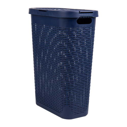 Mind Reader 40L Slim Laundry Hamper, Lid, Wicker Design, Plastic, 18"L x 10.4"W x 23.5"H Adult, Navy