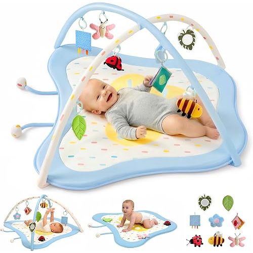 Pamo Babe Baby Play Gym & Activity Mat, Tummy Time Mat with 8 Montessori Toys, Non-slip Foldable Baby Playmat for Stage-Based Development, Machine Washable Baby Gym Play Mat for Newborn Essential Gift