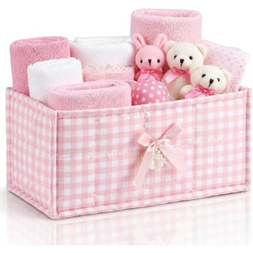 Baby Nursery Storage Basket Small Quilted Fabric Basket Pink Gingham Organizer Bin with Bow Newborn Keepsake Diaper Caddy Organizer for Cute Girl Baby Shower Gifts, 5.7 x 11.6 Inch