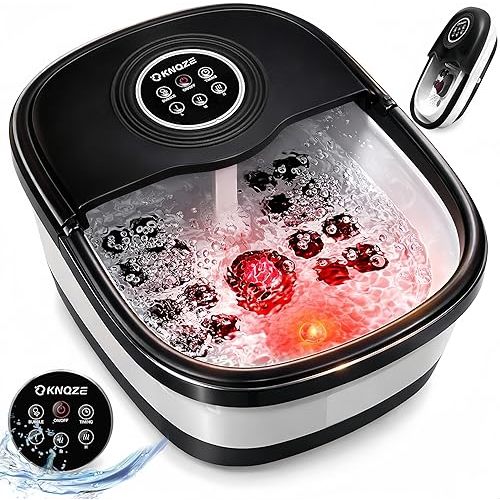 KNQZE Collapsible Foot Spa Bath with Heat & Remote Control, Bubble Massage, Temperature Control, Red Light, Timer, 16 Rollers & Pumice Stone for a Soothing Spa Experience