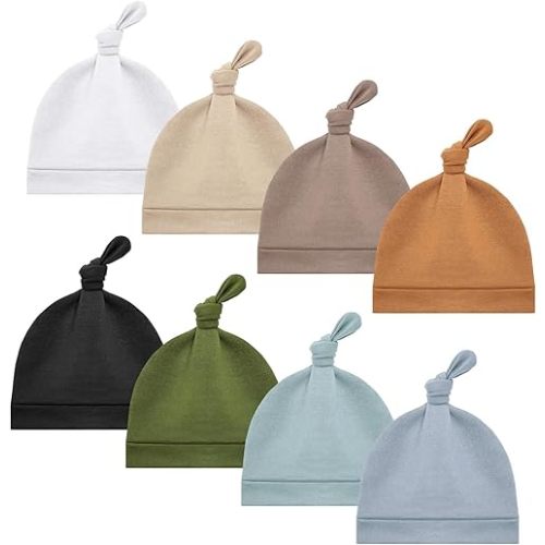 8 Pcs Baby Hats Newborn Beanie Infant Hat Set Top Knot Beanie Hats for Infant Baby Boys Girls 0-6 Months Soft Stretchy Caps Multicolor