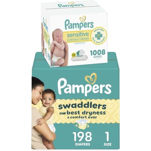 Pampers Swaddlers Disposable Baby Diapers Size 1, 198 Count with Sensitive Water Based Baby Wipes 12 Flip-Top Packs (1008 Wipes Total)