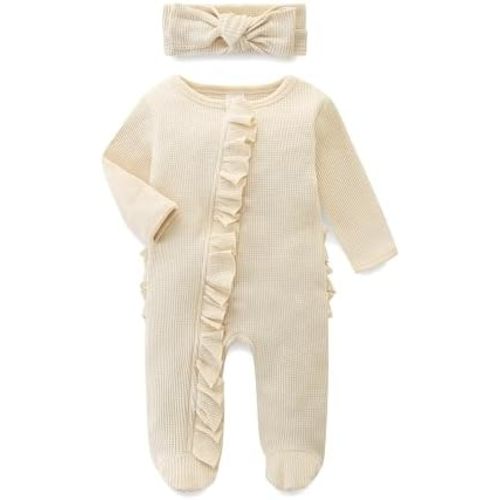 Newborn Baby Romper Cotton Infant Girl Outfit Zippers Ruffle Jumpsuit and Headband Spring Fall Winter Clothes