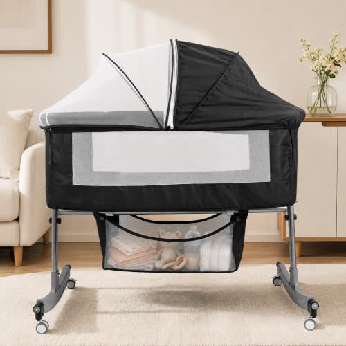 Baby Bassinet Bedside Sleeper, Black | 3-in-1 Rocking Bassinet, Wheels & 6 Levels Adjustable Height, Portable Newborn Crib, Storage Basket, Mattress, Canopy