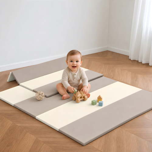 47" x 47" x 1.2" Foldable Baby Play Mat, Waterproof Foam Crawling & Tummy Time Mat, Thick Soft Playmat for Indoor Outdoor Use,Beige+Milk Tea