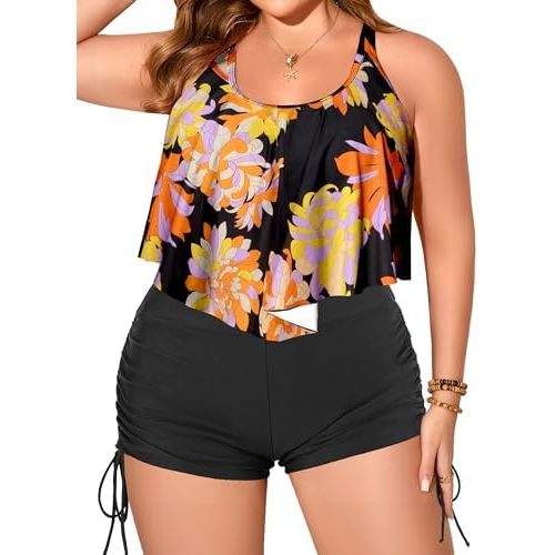 NIeyook Womens Plus Size Tankini Swimsuits Tummy Control 2 Piece Bathing Suit Flowy Ruffle Bikini with High Waist Shorts 2025