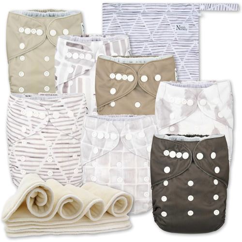 Nora's Nursery Cloth Diapers 7 Pack with 7 Inserts & 1 Wet Bag - Waterproof Cover, Washable, Reusable & One Size Adjustable Pocket Diapers for Newborns and Toddlers - Earthy Boho