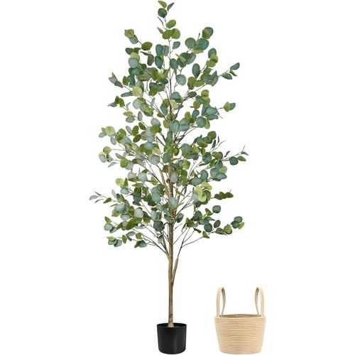 Caxchiling Faux Eucalyptus Tree 6FT, Artificial Potted Tree for Indoor Outdoor, Fake Floor Plants with Natural Wood Trunk, Home Office Living Room Bedroom Decor