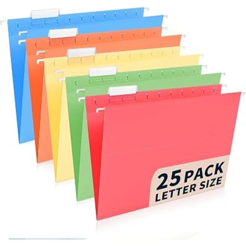 25-Pack Assorted Hanging File Folders,Letter Size with 35 Transparent Label Cards,50 Sticker Labels,1/5-Cut Tabs–Home Office & Filing Cabinets