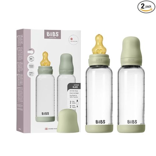 BIBS Glass Baby Bottles 2-Pack, 8.1 Oz. Anti-Colic System for Gas Reduction. Vented Round Natural Rubber Latex Nipple. Supports Infant and Newborn Breastfeeding - 240 ml (Pack of 2), Sage