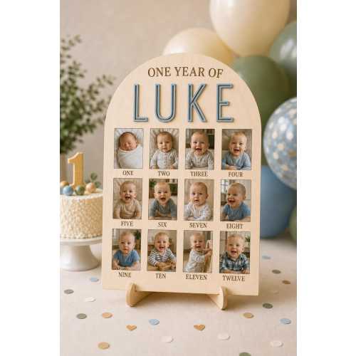 Personalized First Birthday Photo Board | Baltic Birch Wood, Milestone Keepsake