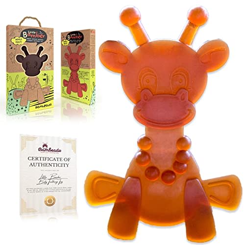 Amber Oil Baby Teething Toy – Little Bamber is a Natural Amber, Teething Relief and Rubber Giraffe Teething Toy, Special Baltic Teether Toy for Sore Gums – Baby Christmas Gifts