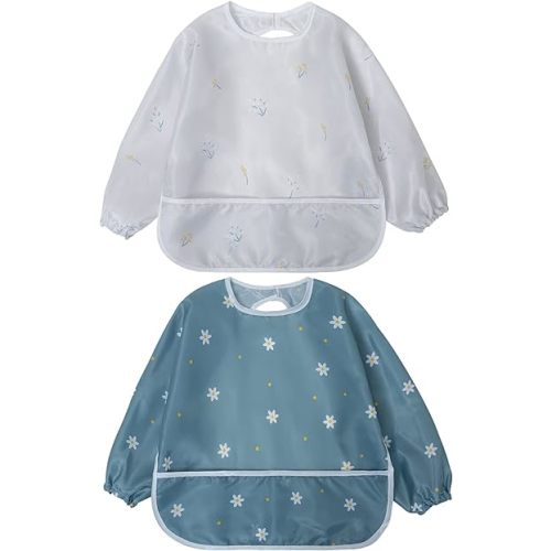 Little Dimsum Mess-Proof Baby Bibs|Infant Toddler Long Sleeve Waterproof Feeding Art Smock|Catching Food & Wipe Clean| Pack of 2 Colors Flower Sets