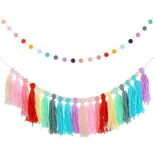 2 Pcs Boho Tassel Garland, 6.5 Feet Pom Pom Garland Rainbow Felt Ball Garlands Colorful Pastel Tassel Wall Hanging Banner with Wood Beads for Classroom Wedding Baby Shower Birthday Party Home Decor