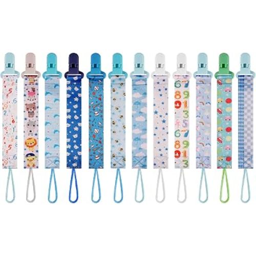 12 Pack Pacifier Clips with Adjustable Strap Short Strap(25.5cm) - Premium Polyester Baby Pacifier Holder Set, Multi-Design Clips for Boys Girls (Multicolor J - Blue)