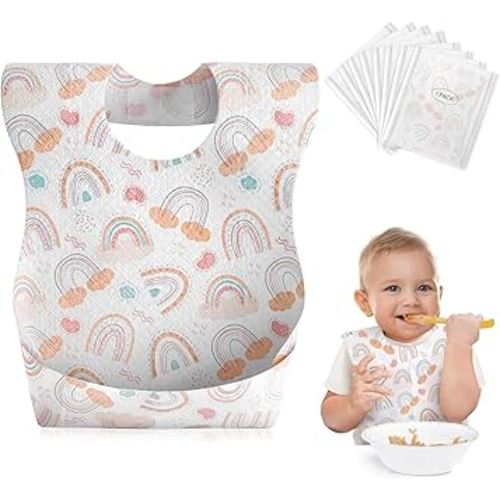 Babebay Disposable Bibs, 30 pcs Individually Packaged with Catcher and Leakproof Liner for Toddler Feeding, Baby Travel Essential, Boho Rainbow