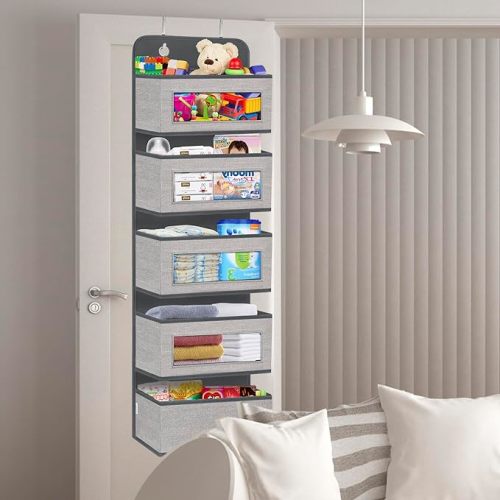 Over the Door Hanging Organizer Storage with 5 Large Pockets,Wall Mount Storage with Clear Windows and 2 Widened Metal Hooks for Pantry,Nursery,Diapers,Bathroom,kitchen,Closet,Dorm(Grey)