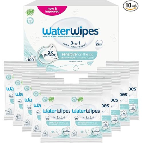 WaterWipes Sensitive+ On The Go Wipes, 3-In-1 Cleans, Cares, Protects, 99.9% Water, Unscented & Hypoallergenic Wet Wipes, 100 Count (10 Packs)