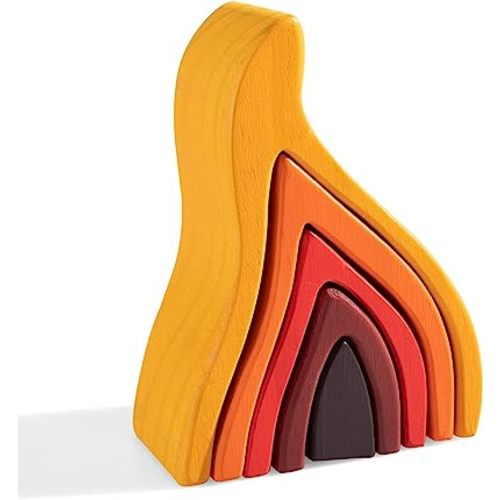 MERRYHEART Wooden Rainbow Stacking Toy, Fire Elements Wooden Stacker, Various Shapes Nesting Stacking Blocks, Waldorf & Montessori Open-Ended Education Toy for Kids/Toddlers