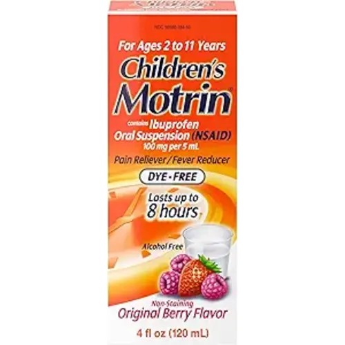 Motrin Children's Oral Suspension 100mg Ibuprofen Medicine, NSAID Fever Reducer & Pain Reliever for Minor Aches & Pains Due to Cold & Flu, Dye Free, Alcohol-Free, Berry Flavored, 4 fl. Oz